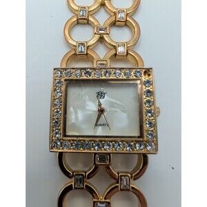 EJ Gold Tone Watch MOP Dial Crystal Bezel Circles Band 7.5" Size New Battery